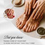 Feet being exfoliated with a scrub, showcasing essential foot care with manicured nails.