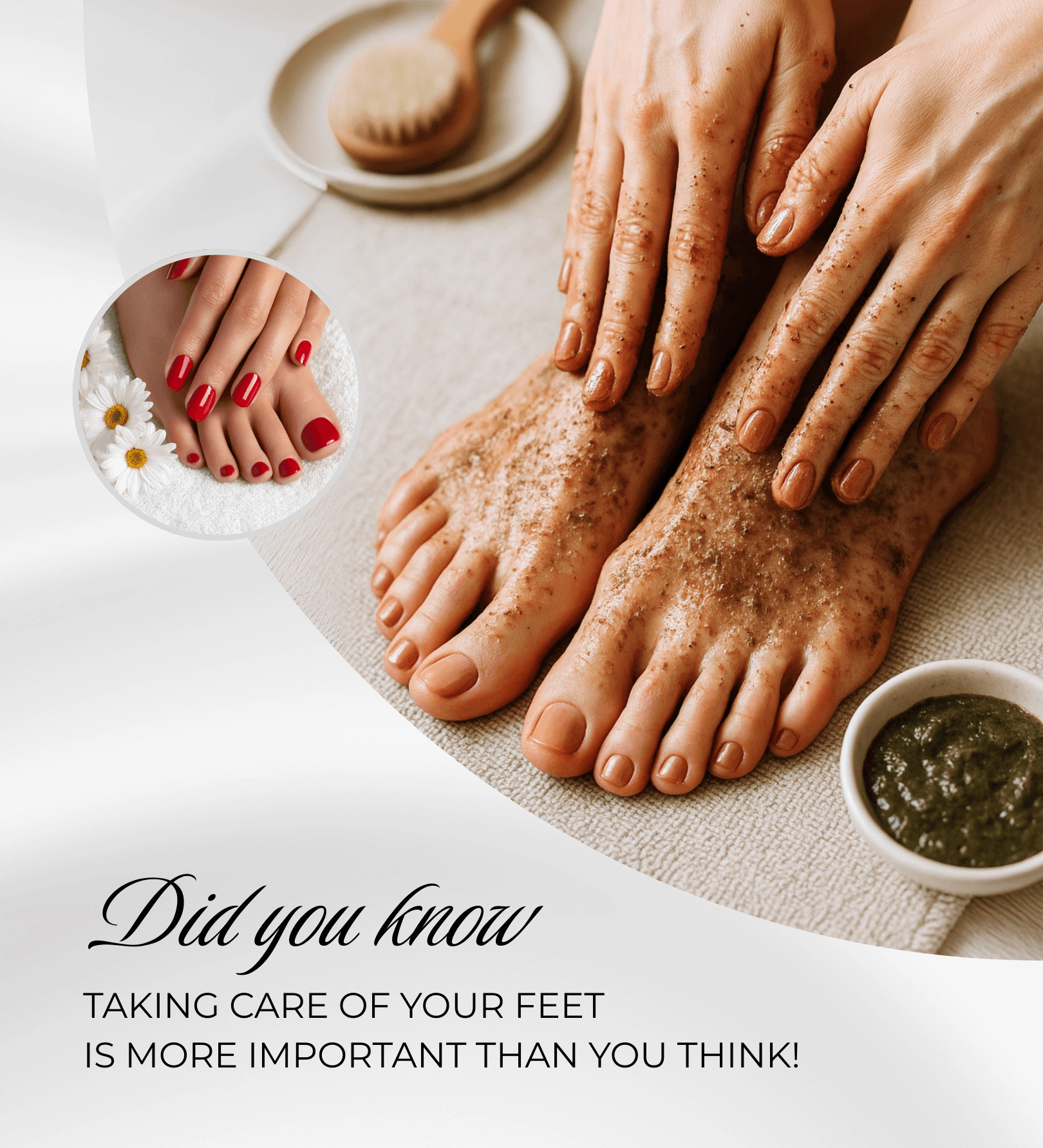 Feet being exfoliated with a scrub, showcasing essential foot care with manicured nails.